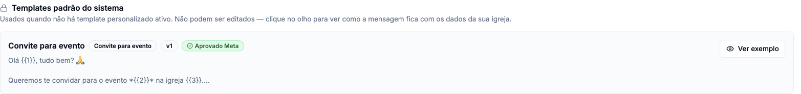 Bloco Templates padrão do sistema com o modelo Convite para evento, versão v1, selo Aprovado Meta e o botão Ver exemplo